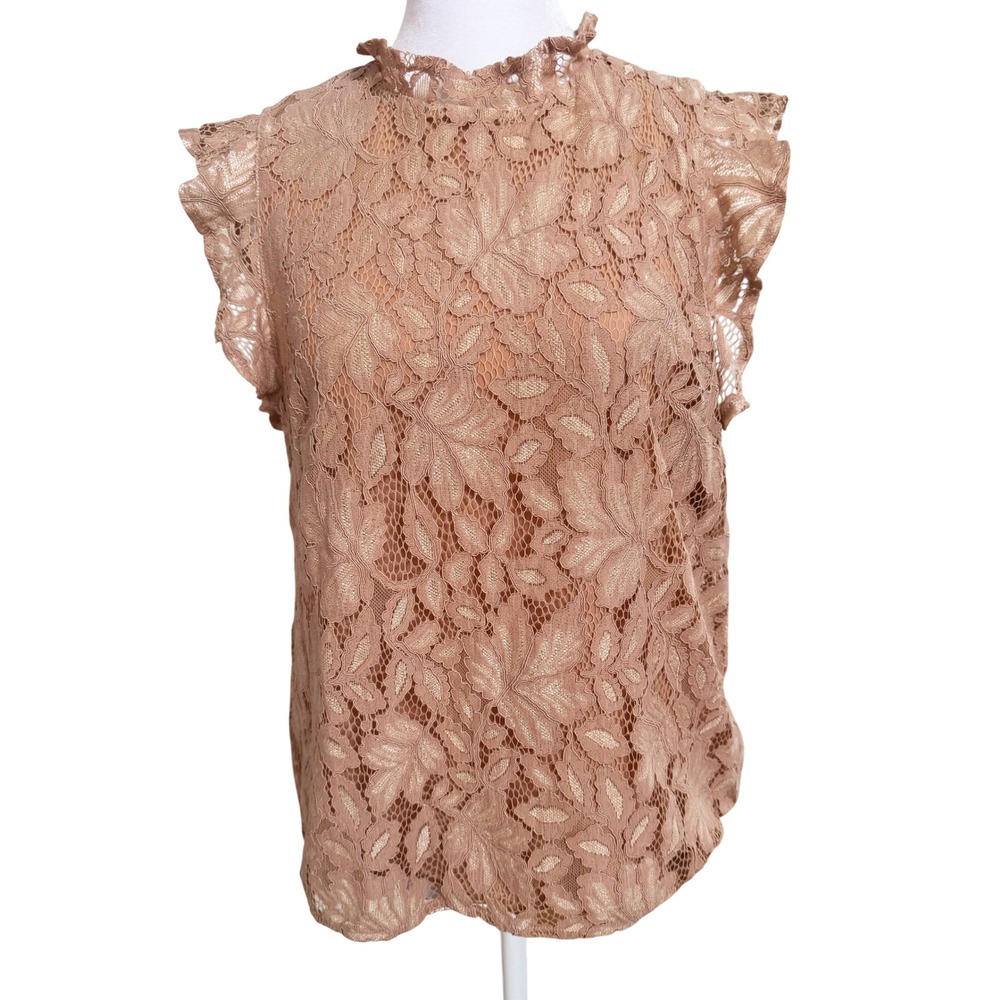 H&M Lace Ruffle Mock Neck Top Blouse Sleeveless Floral Beige Elegant Womens Sz S